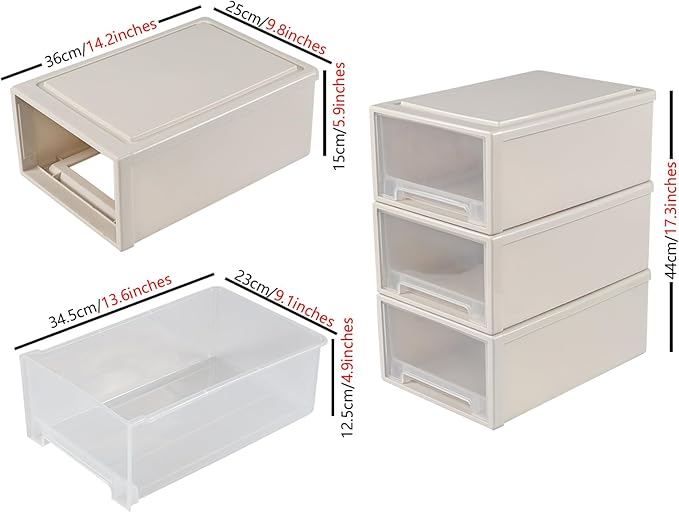 Gloreen 12 L Plastic Stackable Storage Drawers, 3 Packs Desktop Compact Drawer Box
