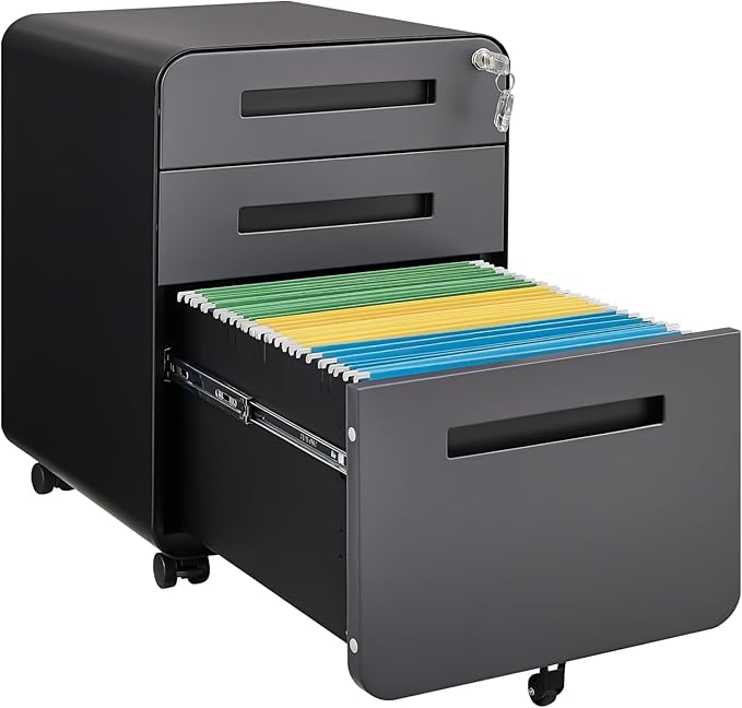 3 Drawer Mobile File Cabinet with Lock, Under Desk Metal Filing Cabinet for Home Office, Assembled Removable Under Desk Storage with Wheels for A4-Size/Letter-Size/Legal-Size (Grey)