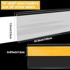50 Pcs Shelf Label Strips 1.5''H x 48''L Self Adhesive Label Holder with 50 Pcs White Labels, Gondola Price Tag Holder Clear PVC Adhesive Ticket for Metal Wood Plastic Rack (Clear)