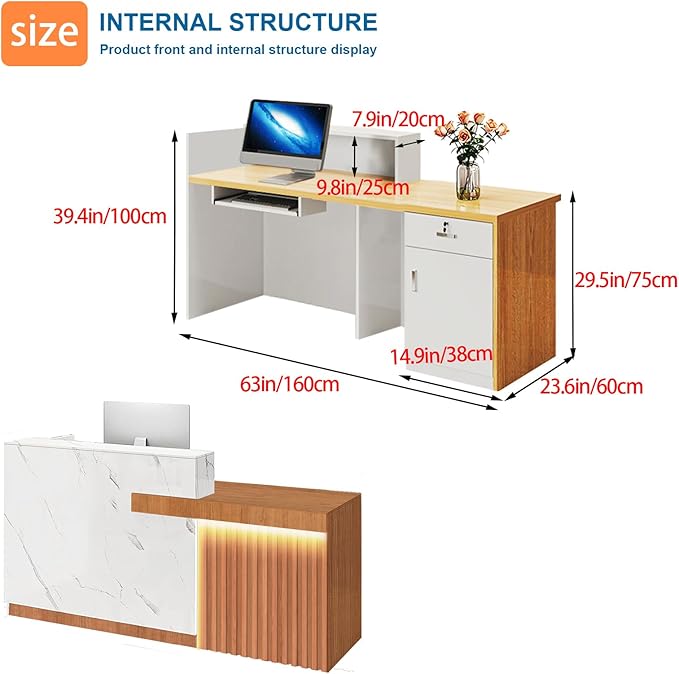 Reception Desk with Counter LED Light and Lockable Drawers and Storage Tall Modern Front Desk Reception Counter for Checkout Lobby Beauty Salon B Left 63inch/160cm