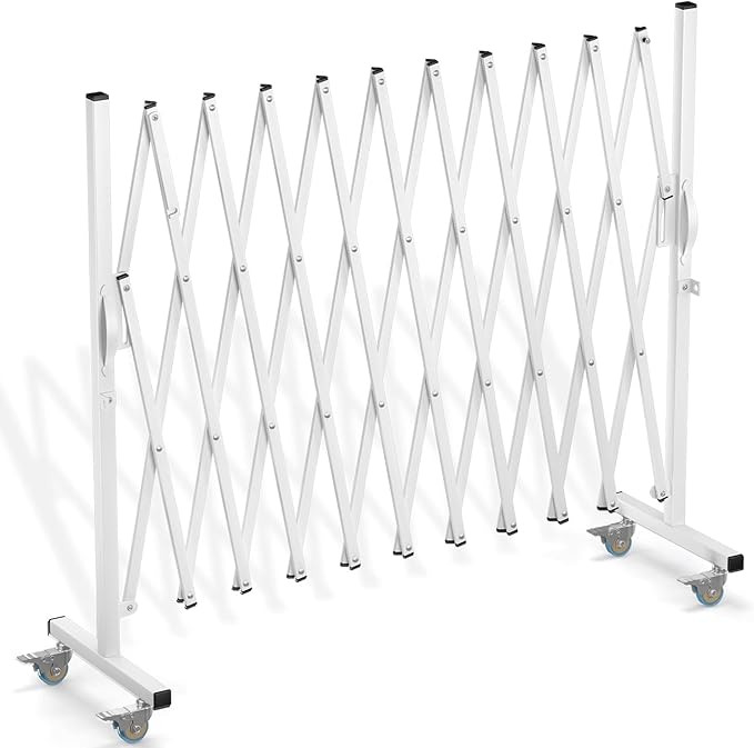 Expandable Barricade Gate,129” Metal Safety Barrier Gate with Casters,Accordion Garden Yard Outdoor Indoor Fence Folding Security Dog Gates Wall Mount,White