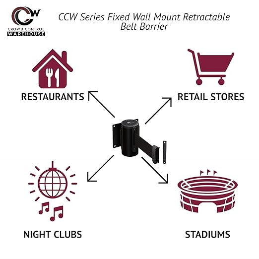 Crowd Control Warehouse - CCW Series WMB-120 Fixed Wall Mount Retractable Belt Barrier - 11 Foot, Yellow Belt with Black Steel Case