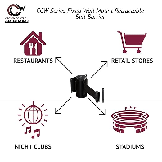 Crowd Control Warehouse - CCW Series WMB-120 Fixed Wall Mount Retractable Belt Barrier - 11 Foot, Light Brown Belt with Black Steel Case