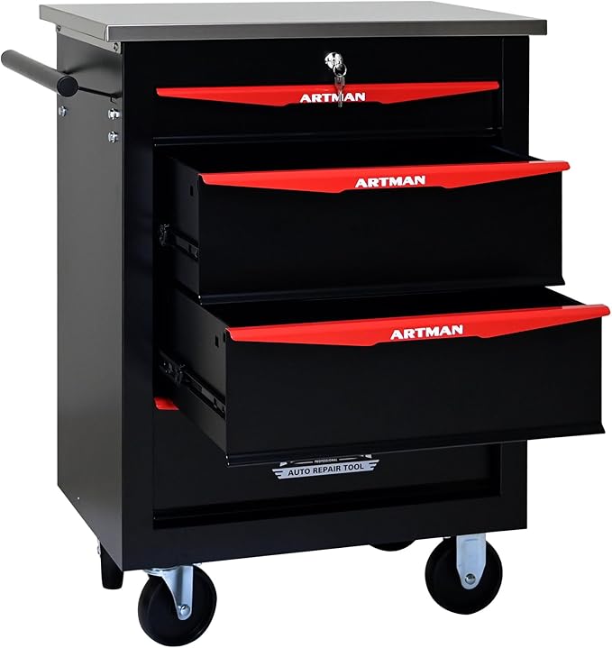 4 Drawer Rolling Tool Chest with Locker, 22.2" D Metal Movable Lockable Tool Cart Box Multi-Functional Hardware Storage Cabinet Box for Warehouse Basement Home Pantry Garage