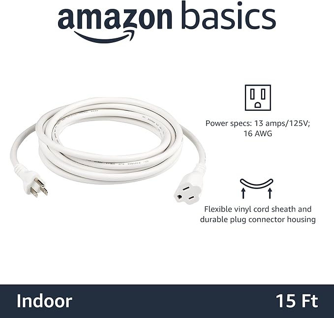 Amazon Basics Extension Cord, 13 Amps, 125V, 15 Foot, White - Pack of 2
