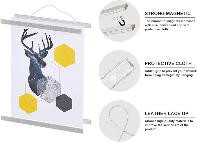 Magnetic Poster Hanger, 9x12 9x14 9x17 Poster Frame Wood Wooden Magnet Print Posters Dowel Scroll Hanger Hangers Hanging Kit for Walls Map Canvas Artwork (Grey, 9")