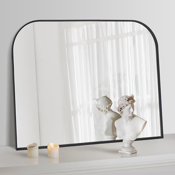 Modern Large Wall Mirror, Modern Mantel Minimalist Home Decor, Brushed Black Metal Framed Arched Mirror for Living Room, Bedroom, Fireplace, Mantle, Entryway, Bathroom, 40" x 30", Black