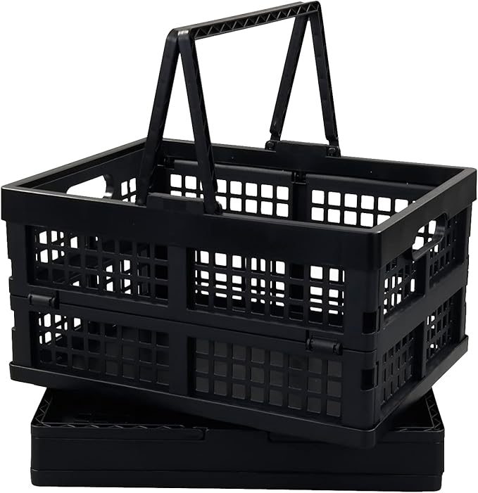 2 Pack Folding Plastic Crate, Collapsible Shopping Basket with Handles