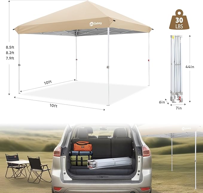 Sekey 10x10 Pop Up Canopy with Pockets Sidewall, One Push Setup Instant Outdoor Gazebo, Instant Easy Up Canopy with UPF50+ Top, 4 Weight Bags for Events, Beach, Patio, Camping