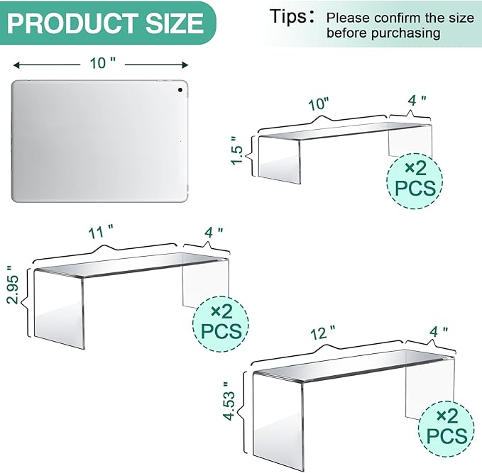 3 Pcs Large Acrylic Display Risers, 12" Large Risers Display Stands, 0.19" Thick Clear Risers Display Stands, Clear Rectangular Display Shelf for Showcase, Collectibles, Cupcake, Dessert