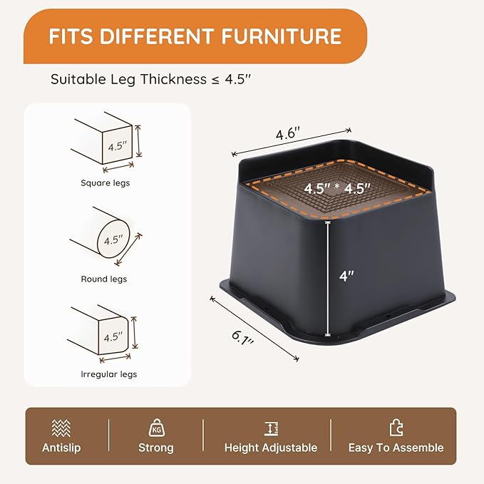 Bed Risers, Oversized Furniture Risers, 4 inch Raise Blocks for Bed Couch Desk Sofa Table Lifts, Furniture Legs Lifters Support up to 6000 Lbs (Black, 8 Pack Set)