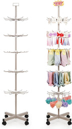 Retail Display Stand Store Display Rack 5 Tier Metal Spinning Display Stand Rack with Wheels Keychain Jewelry Stocking Hat Display Stand with Hooks for Malls, Showroom, Retail Store (Grey)