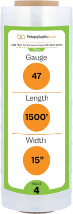 PSBM Stretch Wrap for Packing, 4 Pack of 15 Inch x 1500 Feet, 47 Gauge, High Cling Moving Stretch wrap, Cast Hand Stretch Film Moving wrap Rolls, Strong Plastic Wrap for Moving