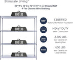 60"x18"x72" Prime Heavy Duty Chrome 4-Tier Wire Shelving NSF 3200 LBS MAX Capacity Storage Rack for Commercial, Hospital, School, Garage, and Kitchen Uses (with Wheels)
