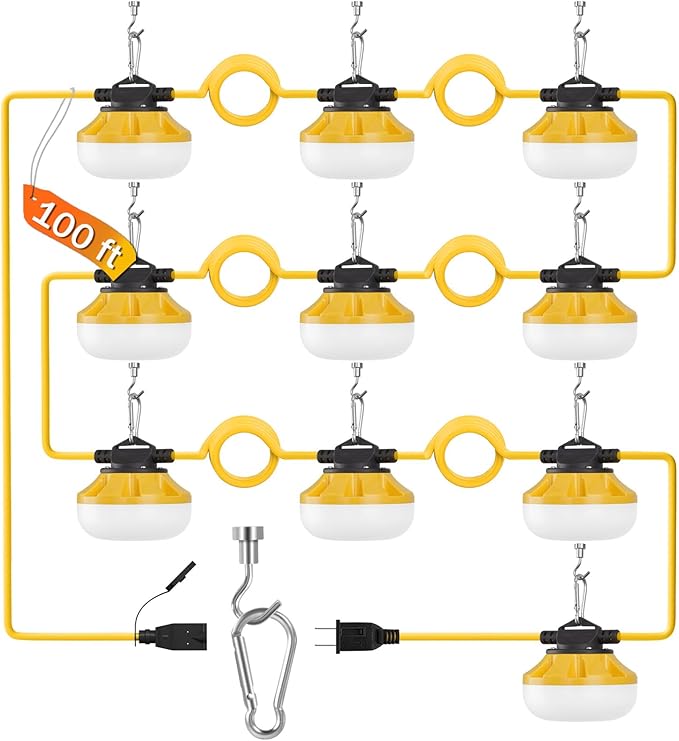 100FT LED Construction String Lights, 10 Bulbs Waterproof Linkable Industrial String Work Lights & Hooks, 5000K Daylight Temporary Lighting for Jobsite Attic Cralspace