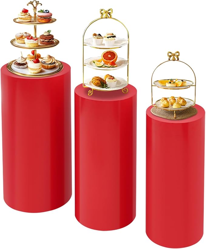 OUKANING 3 PCS Metal Display Pedestal Stands, Cylinder Red Display Stands Pillars, Decoration Cube Sculpture Display Column for Wedding Party Baby Shower Birthday, H27.56'', 26'', 23.62''