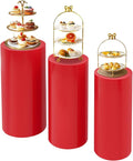 OUKANING 3 PCS Metal Display Pedestal Stands, Cylinder Red Display Stands Pillars, Decoration Cube Sculpture Display Column for Wedding Party Baby Shower Birthday, H27.56'', 26'', 23.62''