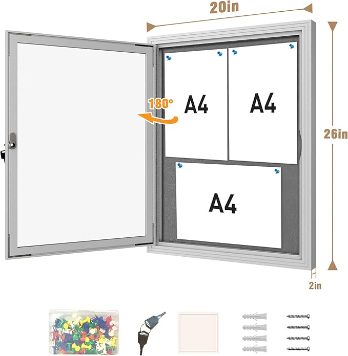 Mifuro 26"x20" Enclosed Bulletin Board, Outdoor Lockable Weather-Resistant Aluminum Cork Noticeboard for School & Office, Silver Frame w/Grey Flet