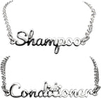 Stylish Metal Shampoo & Conditioner Dispenser Label Tags – 2-Piece Silver Handwritten Script Zinc Alloy Bottle Tags for Shower Dispensers
