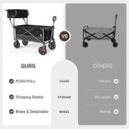 EVER ADVANCED Collapsible Push & Pull Shopping Cart with Wheels & Brakes, Foldable Wagon for Groceries with Practical Basket, Side Pockets & Cup Holders, Beach Utility Rolling Cart for Camping, Black