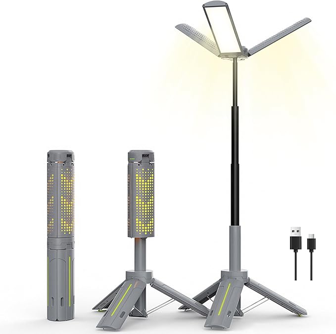 BUBRA Rechargeable Telescopic Camping Light with Power Bank & Stand, IP44 Waterproof Stepless Dimming Work Light & Flashlight, 3-Mode Portable LED Lantern for Emergency, Outdoor, Garage, Power Outages