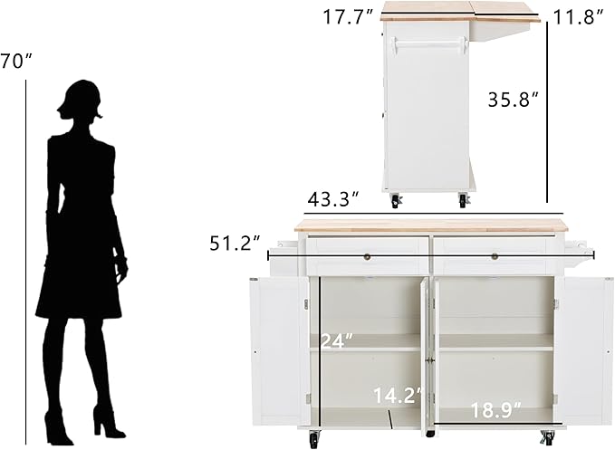 51.2'' Rolling Kitchen Island with Drop Leaf - Kitchen Carts on Wheels with Storage, Towel Rack, Drawers Island Table for Kitchen, Dining Room, White