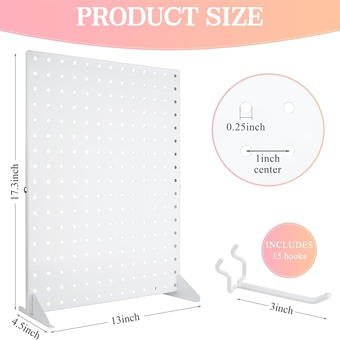 Peg Board Display Stand with 15 Hooks, Tabletop Metal Pegboard Shelf for Craft Shows & Fairs, Retail Stores, Vendors Arts and Crafts Finishing - 17x13Inch & White