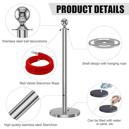 kaiyomi 4Pcs Stanchions with Red Velvet Ropes Set, 5 Feet Velvet Ropes and Posts Poles for Red Carpet Party Decoration and 360° Photo Booth (Silver)
