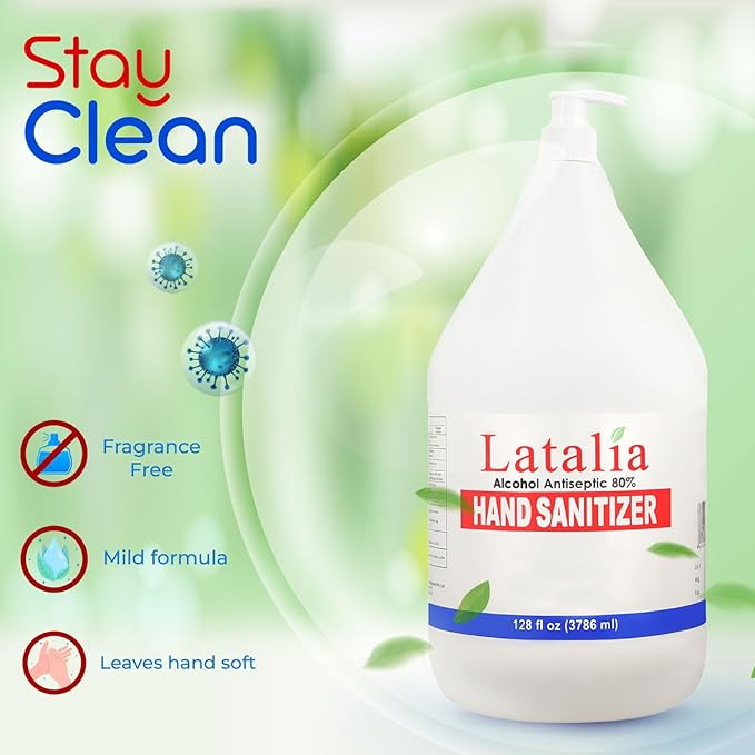 Latalia large Hand Sanitizer Pump 128 fl oz – Pack of 8 with 80% Alcohol Moisturizing Hand Sanitizer Refill Gallon for Home & Office, Unscented Clean Gel, Drying & Non-Sticky for Daily Hand Hygiene