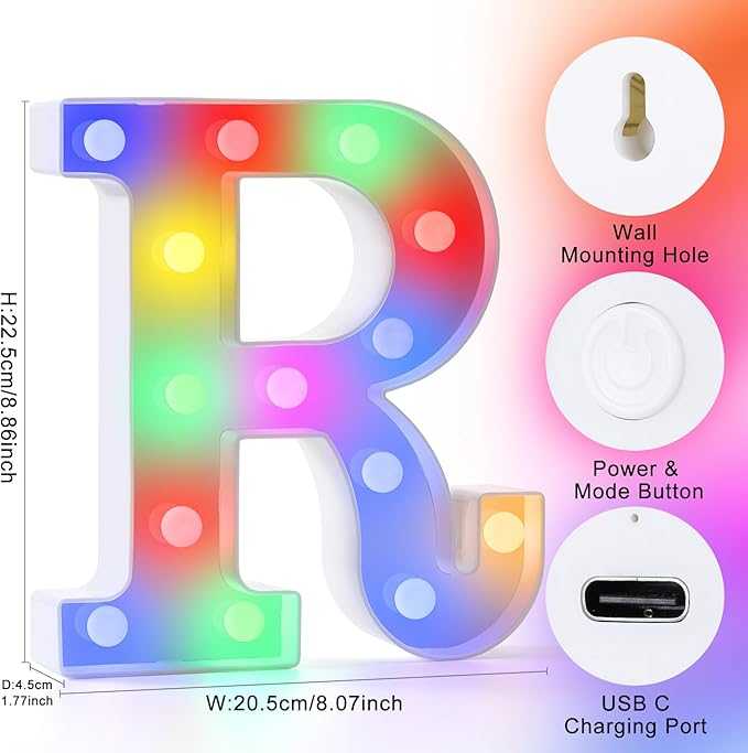 mooncow Rechargeable Light Up Letters,Colorful Marquee Letters with Remote,Gift Wrap Gifts,Bedroom Home Bar Party Decor (R)