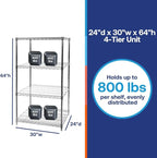 Shelving Inc. 24"d x 30"w x 64"h Chrome Wire Shelving with 4 Tier Shelves, Weight Capacity 800lbs Per Shelf
