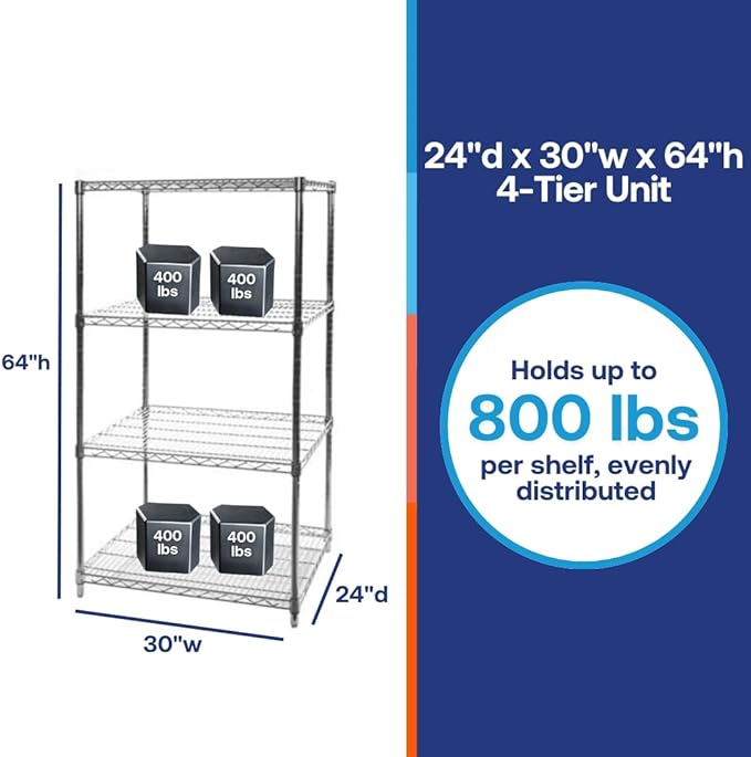 Shelving Inc. 24"d x 30"w x 64"h Chrome Wire Shelving with 4 Tier Shelves, Weight Capacity 800lbs Per Shelf