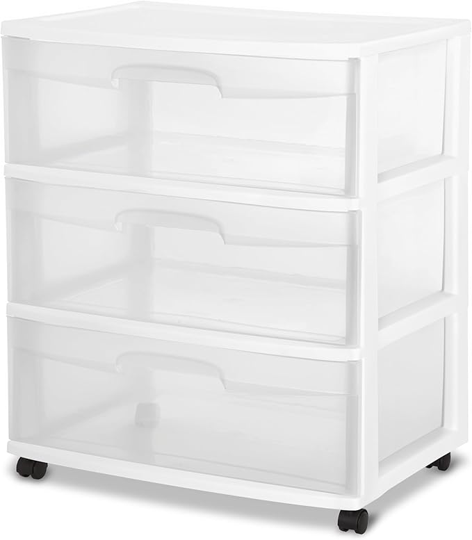 3 Drawer Wide Plastic Storage Cart with Clear Pull-Out Drawers & 4 Wheels - Medium Home Organization Container for Classroom Bathroom Dorm Bedroom Laundry Room (White)