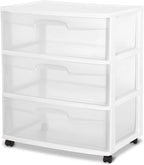 3 Drawer Wide Plastic Storage Cart with Clear Pull-Out Drawers & 4 Wheels - Medium Home Organization Container for Classroom Bathroom Dorm Bedroom Laundry Room (White)