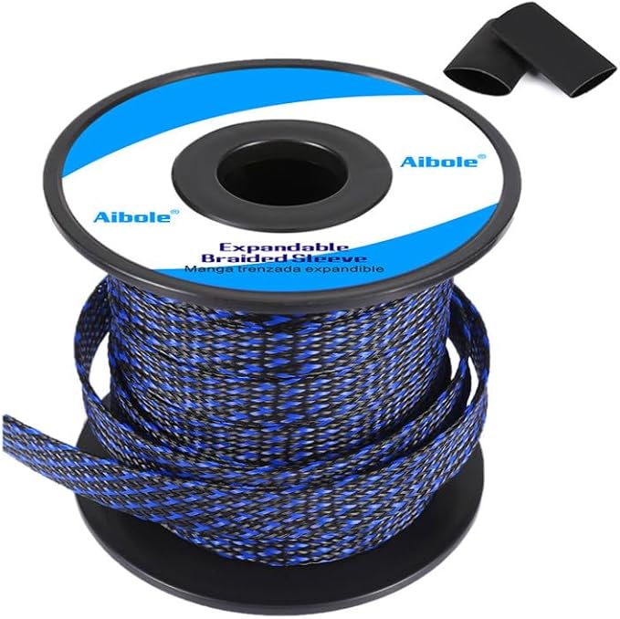 PET Expandable Braided Sleeving 100Ft-1 inch Wire Loom, Aibole Cable Sleeve Wrap,Black&Blue Blackblue