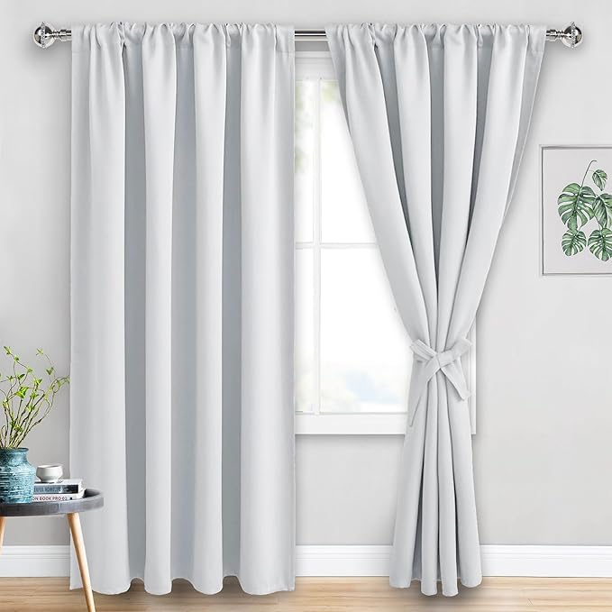 JIUZHEN Curtains for Bedroom - Thermal Insulated Room Darkening Noise Reducing, 70 x 84 Inch Blackout Curtains for Living Room, Light Blocking Drapes Set of 2 Panels with Tiebacks, Greyish White