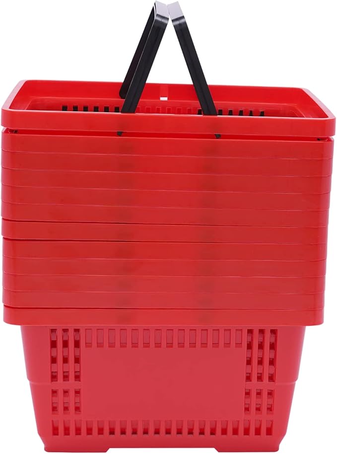 12PCS Shopping Baskets with Handles, 21L Plastic Grocery Basket for Retail Store, Supermarket, Grocery Shopping |17" x 12" x 9" Portable Shop Basket (Red)