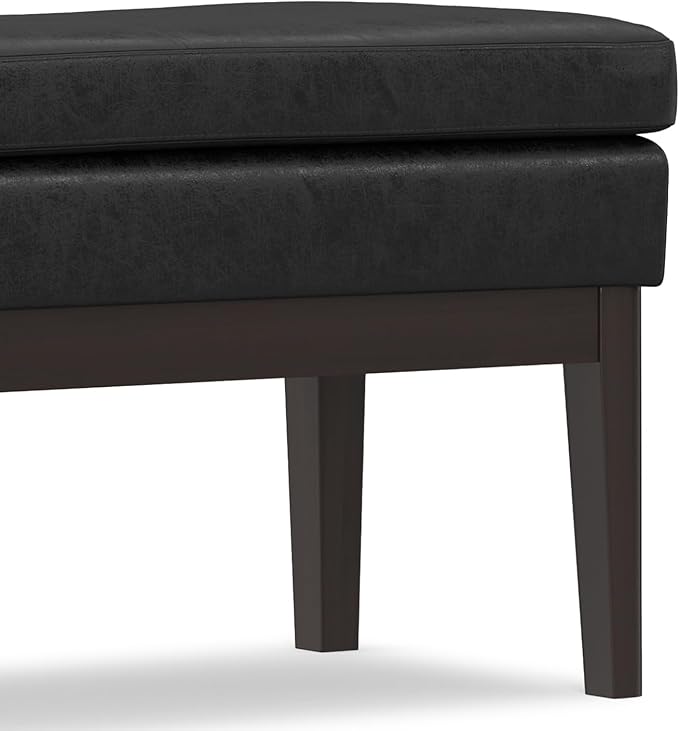 SIMPLIHOME Carlson Ottoman Bench - 45 inch Wide Upholstered Vegan Leather Rectangle Ottoman in Distressed Black, Mid Century Modern Bench for Bedroom, Entryway or Living Room with Padded Seat