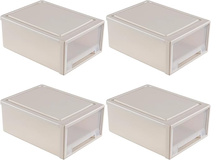4-Pack 19 Quart Stacking Drawer, Clear Storage Closet Organizer, Yellow Frame, Stackable Modular Plastic Drawers for Clothes, Accessories, Craft Supplies, Shoes or Linens