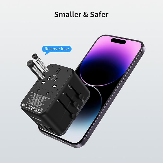 MOMAX 6-in-1 Universal Travel Adapter, GaN 70W International Power Adapter, 3 USB-C PD Fast Charging & 2 USB-A QC, 1 AC, All-in-one International Plug Adapter for Travel European UK AUS JP