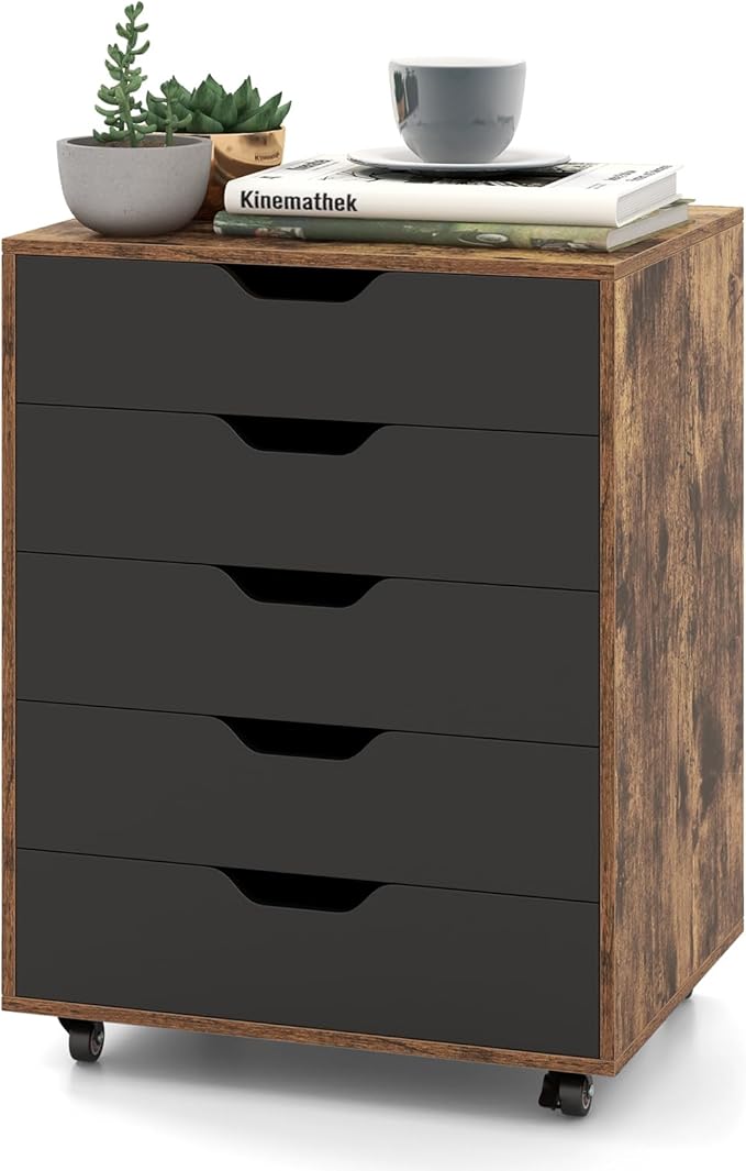 File Cabinet, Mobile Filing Cabinet w/Universal Wheels & 5 Drawers, Wood Printer Stand with Storage, Rolling File Cabinets for Home Office, Living Room, Bedroom (Rustic Brown, 5 Drawers)