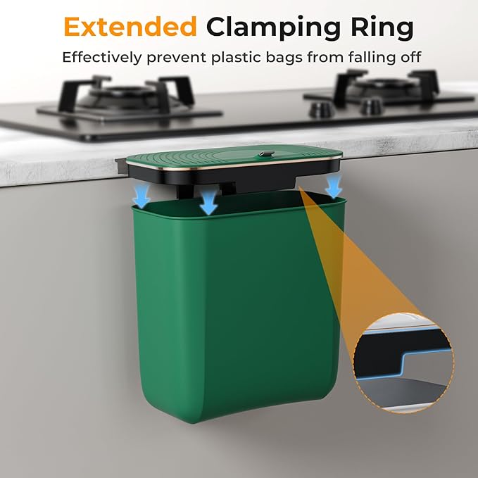 2.4 Gallon Hanging Trash Can - Small Under Sink Trash Can with Lid, Wall Mounted Garbage Bin for Kitchen & Bathroom Cupboard, Odor-Control, Extended Clamping Ring, Green