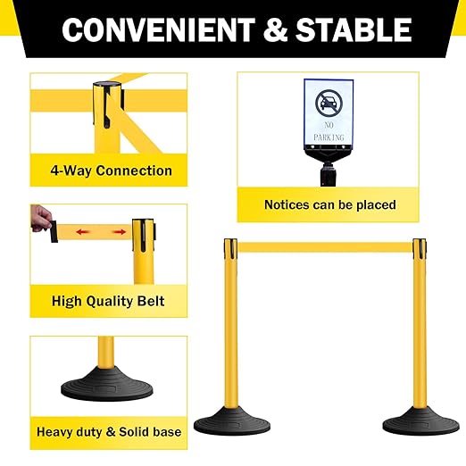 10 ft Crowd Control Stanchion Set, Crowd Control Barrier, Stanchions with Retractable Belts & Base, Retractable Stanchions, Queue Management Stanchion (6 Pole) (Yellow)