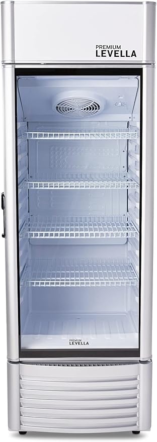 PremiumLevella PRF90DX Glass Door Display Refrigerator 9.0 cu ft Commercial Beverage Cooler Merchandiser With Customizable Lightbox - Silver