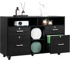 VINGLI Wood Mobile File Cabinet with 4 Drawers and Shelves, Printer Stand with Open Storage, Locking Lateral Filing Cabinet for Home Office, Black