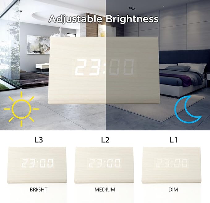 OCT17 Wooden Wood Clock, New Version LED Alarm Digital Desk Clock Adjustable Brightness, Alarm Time, Displays Time Date Temperature - White