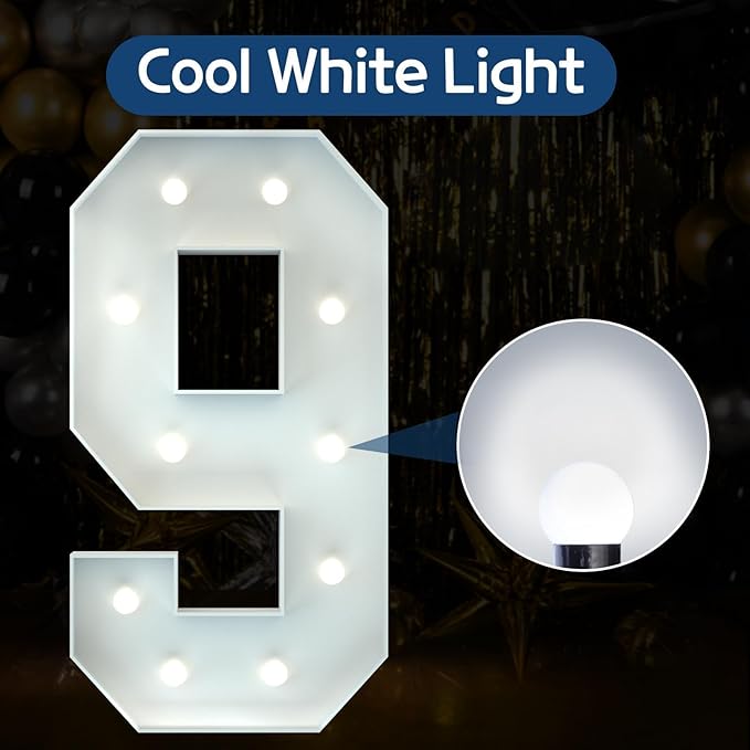 Marquee Numbers 4 Feet Tall Big Light Up Numbers 9th 19th 90th Happy Birthday Decorations Girl Boy White Anniversary Party Decor Large Cardboard Prop Backdrop Sign 9