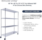 60"x18"x72" Prime Heavy Duty Chrome 4-Tier Wire Shelving NSF 3200 LBS MAX Capacity Storage Rack for Commercial, Hospital, School, Garage, and Kitchen Uses (with Wheels)