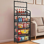 5 Tier Snack Rack Display Stand, Black Chip Rack Display Stand, Candy Display Rack with Hooks, Metal Retail Display Shelves for Store, Kitchen and Office