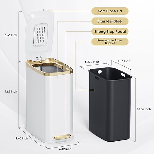 CEROELDA Small Bathroom Trash Can with Lid Soft Close-5L/1.3 Gal Stainless Steel Garbage Can-Step Pedal Wastebasket Slim Trash Bin for Office, Bedroom, Toilet, Live Room-White